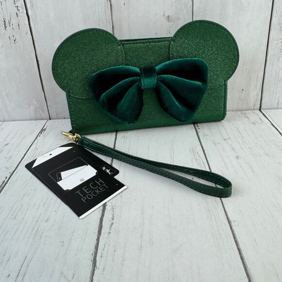 Disney Handbags - NWT Disney's Minnie Mouse Green Velvet Ears & Metallic Bow Tech Wristlet Wallet